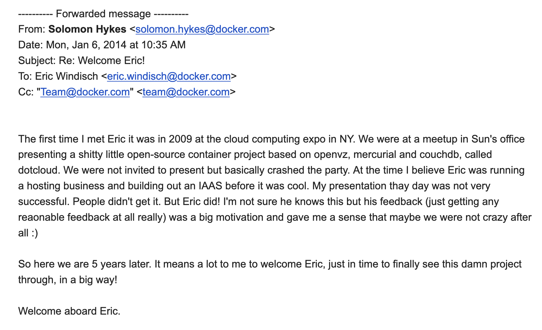 Welcome email from Solomon Hykes, Jan 2014